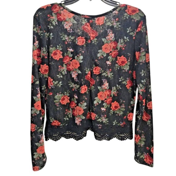 Rue 21 Floral Pullover Women's M Semi Sheer Black Long Sleeve Crochet Trim - Picture 2 of 5